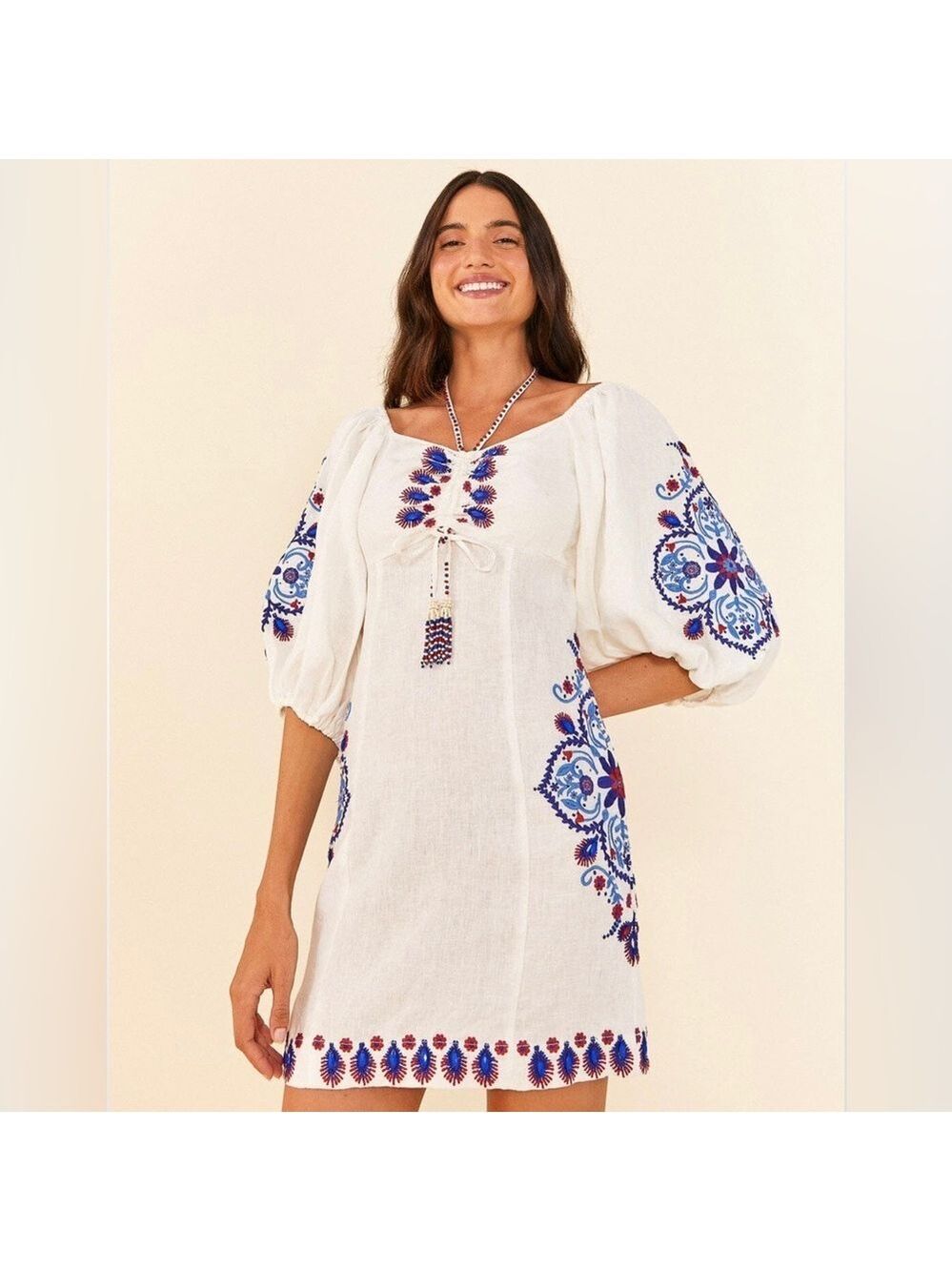 FARM Rio Off-White Navy Embroidery Mini Dress - Picture 3 of 11